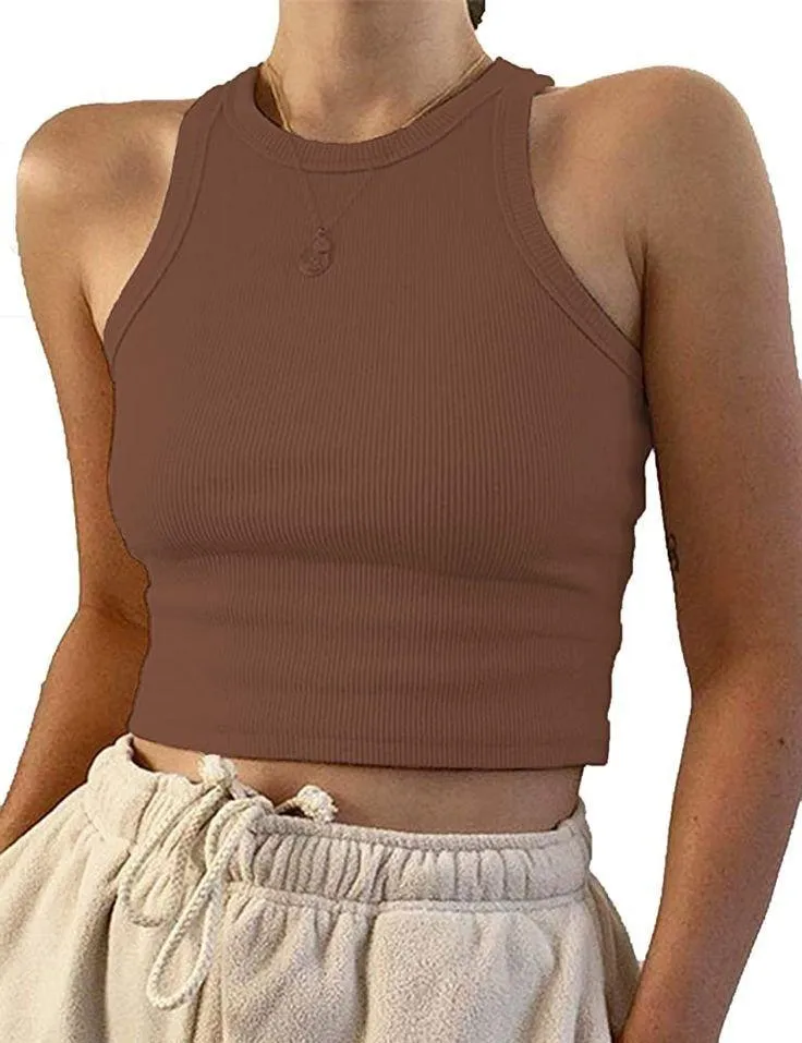 Tan Brown Ribbed Halter Racerback Tank Top Shirt - Image 2