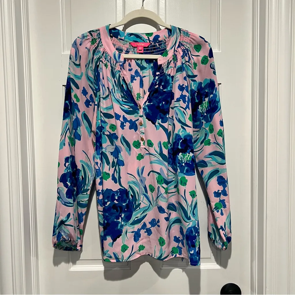 Lilly Pulitzer Elsa Silk Top Large Pink Tropics Sweet Pea Long Sleeve Blouse - Image 2