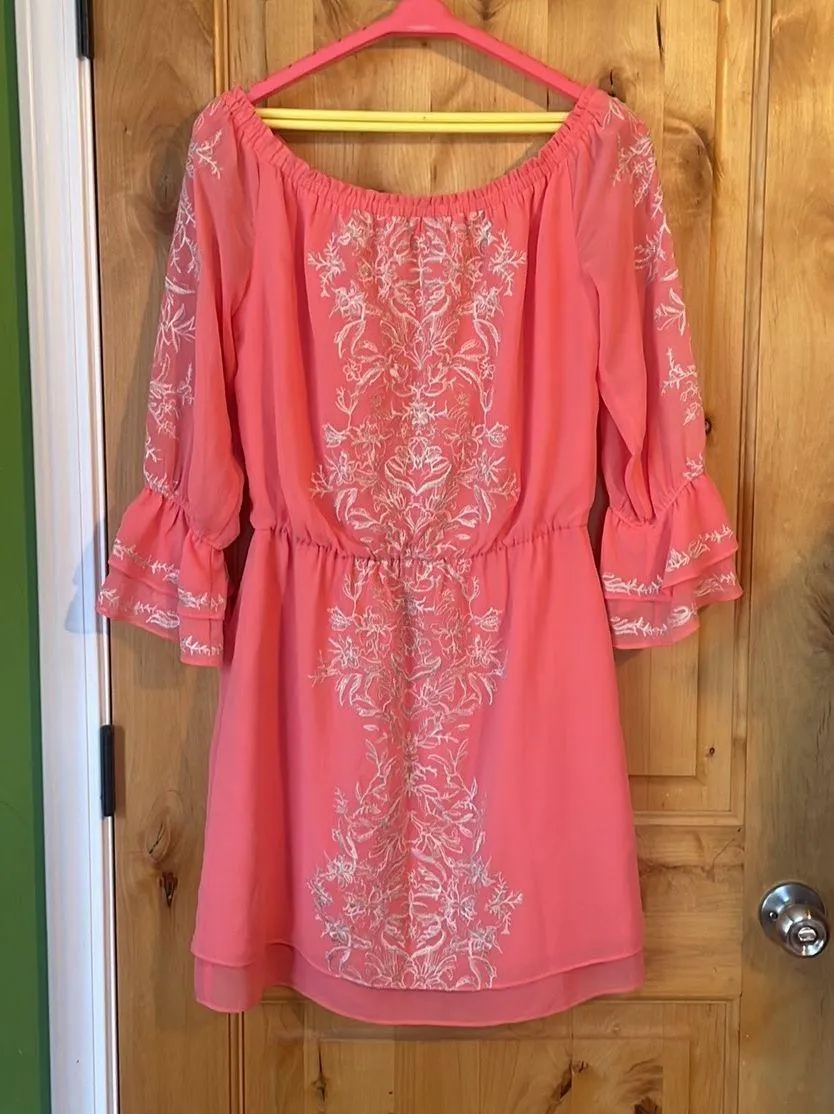 WHBM 570201364 Gelato Pink Silver Embroidery LS OTS Boho Dress $160 EUC M - Image 2