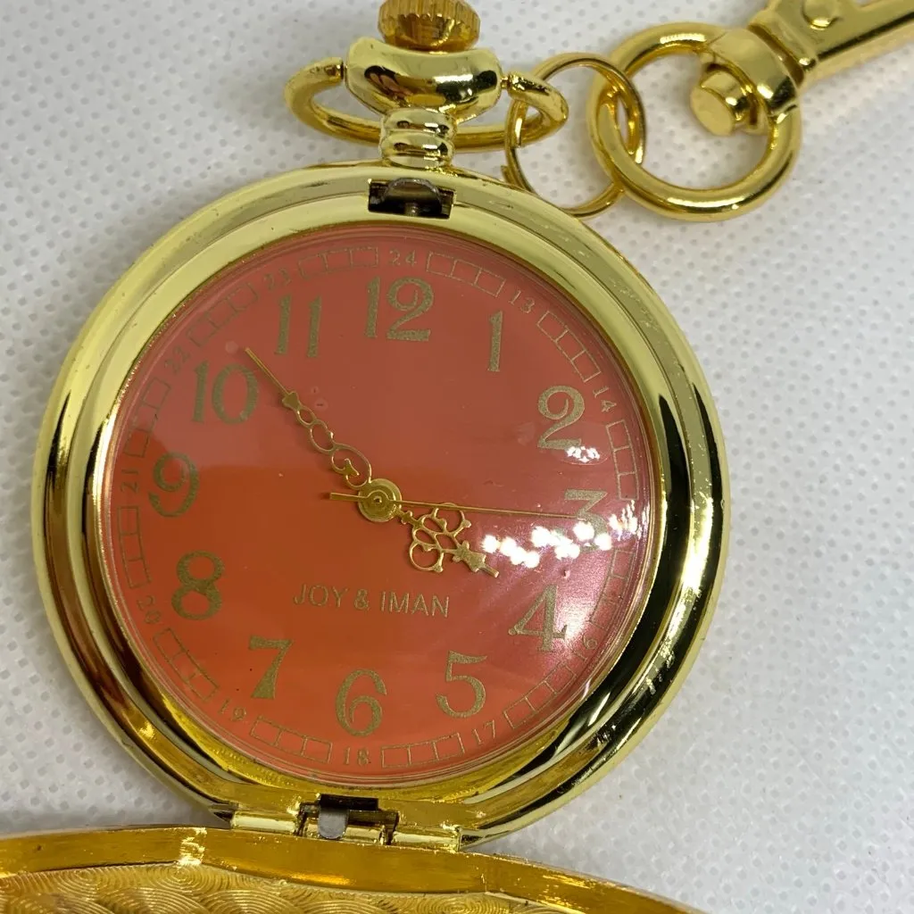 JOY & IMAN Pocket Watch Quartz Clip On Purse Fob Gold Tone orange 46mm running - Image 2