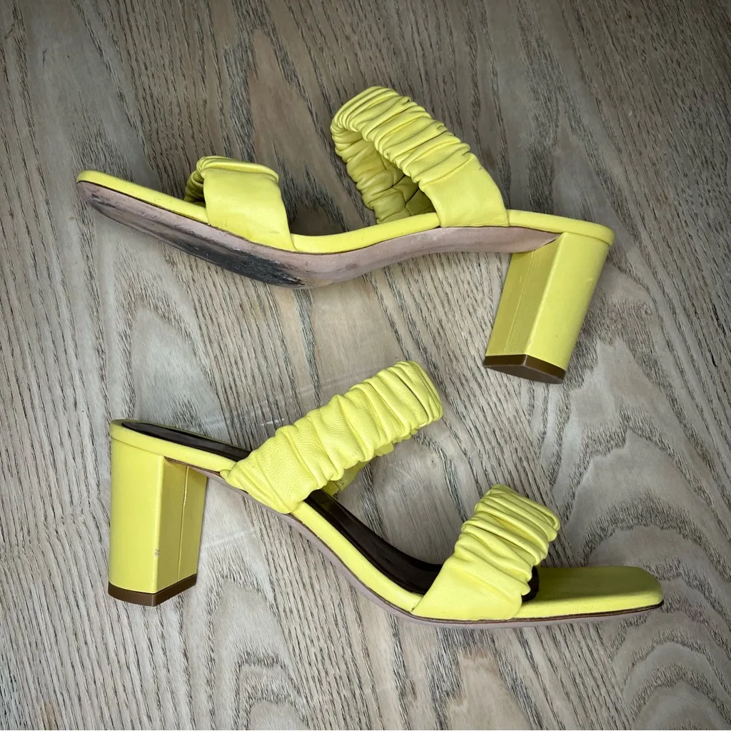 Staud Frankie Ruched Leather Block Heel Sandals Mules Yellow Size 37 Womens 7 - Image 8