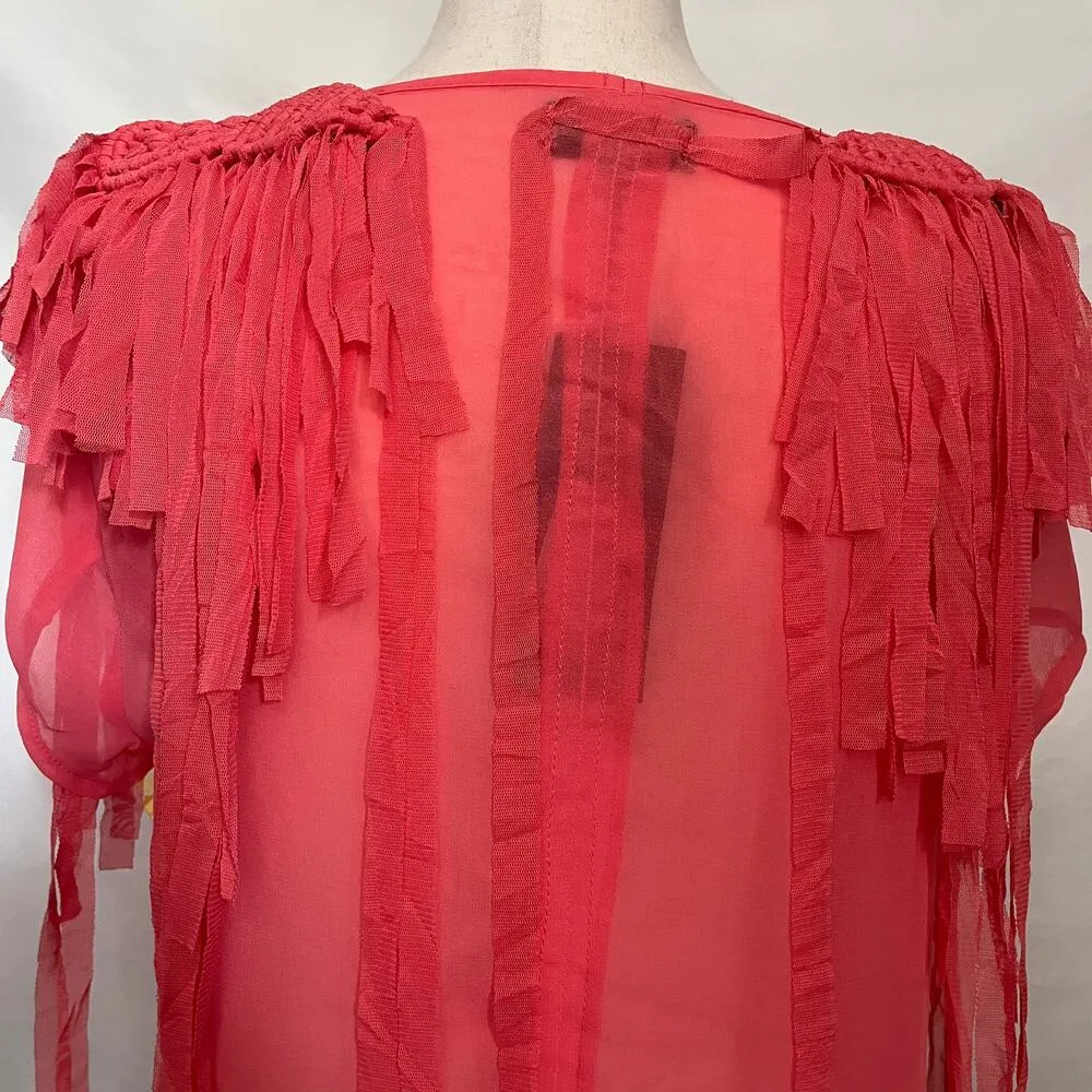MAAC London Sheer Fringe Womens Top Sz L Y2K Festival Boho Coral Macrame Western Pink Size L - Image 7