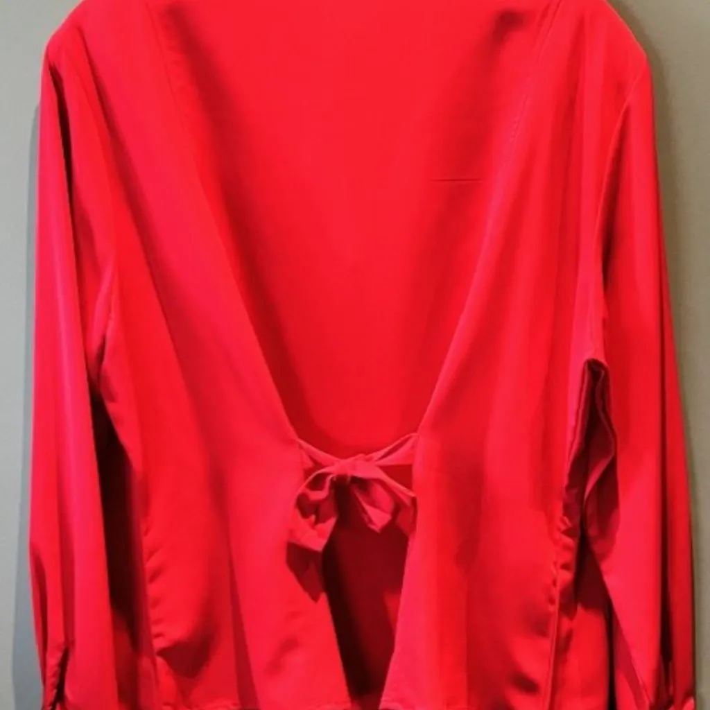 Notations Red Button Up V-Neck 16W Blouse Notch Tie Back Office Holiday Bright - Image 3