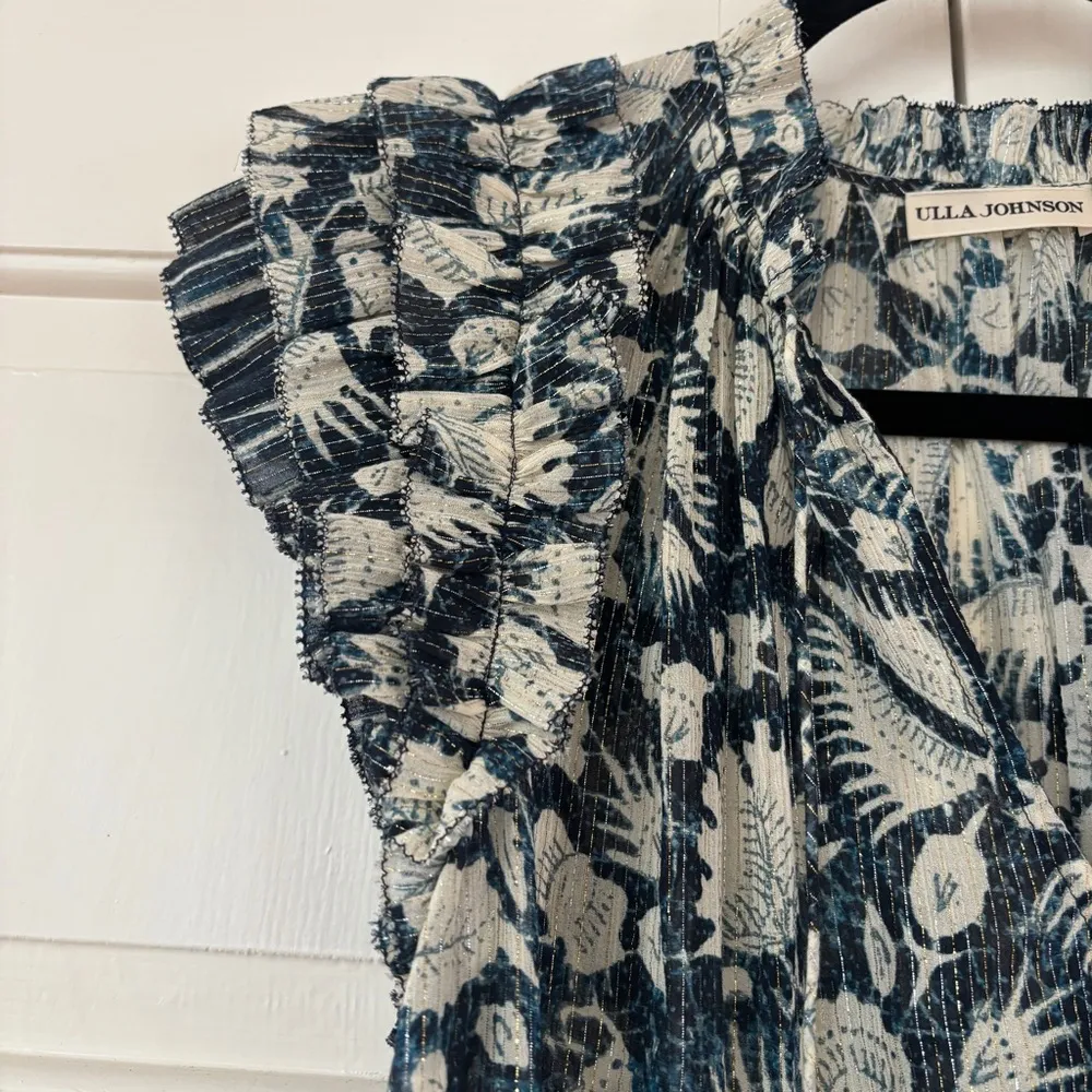 ULLA JOHNSON Dira Top Indigo Metallic Ruffle Size 0 Flutter Sleeve Tassel Tie - Image 6