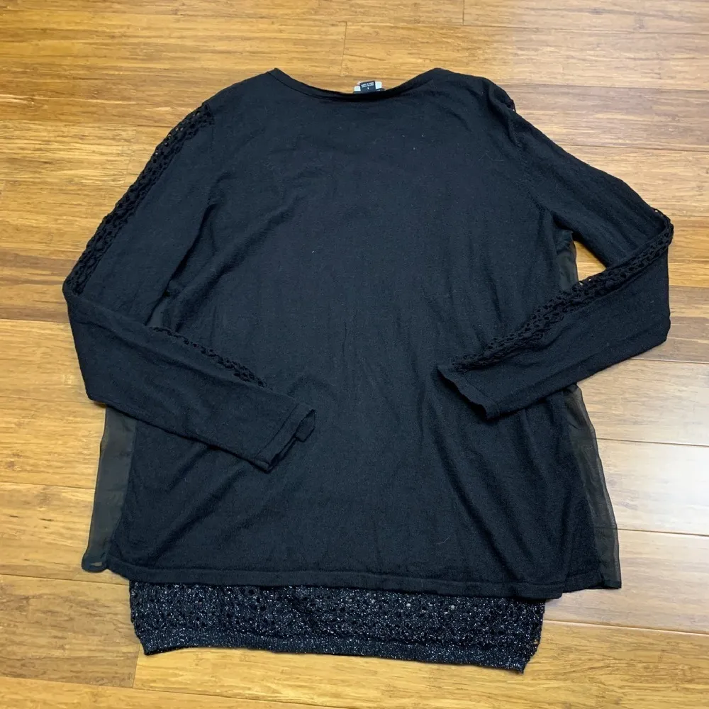 Tribal Sparkle Blouse Womens Small Long Sleeve Sheer Layered Lace Trim Top Black - Image 3