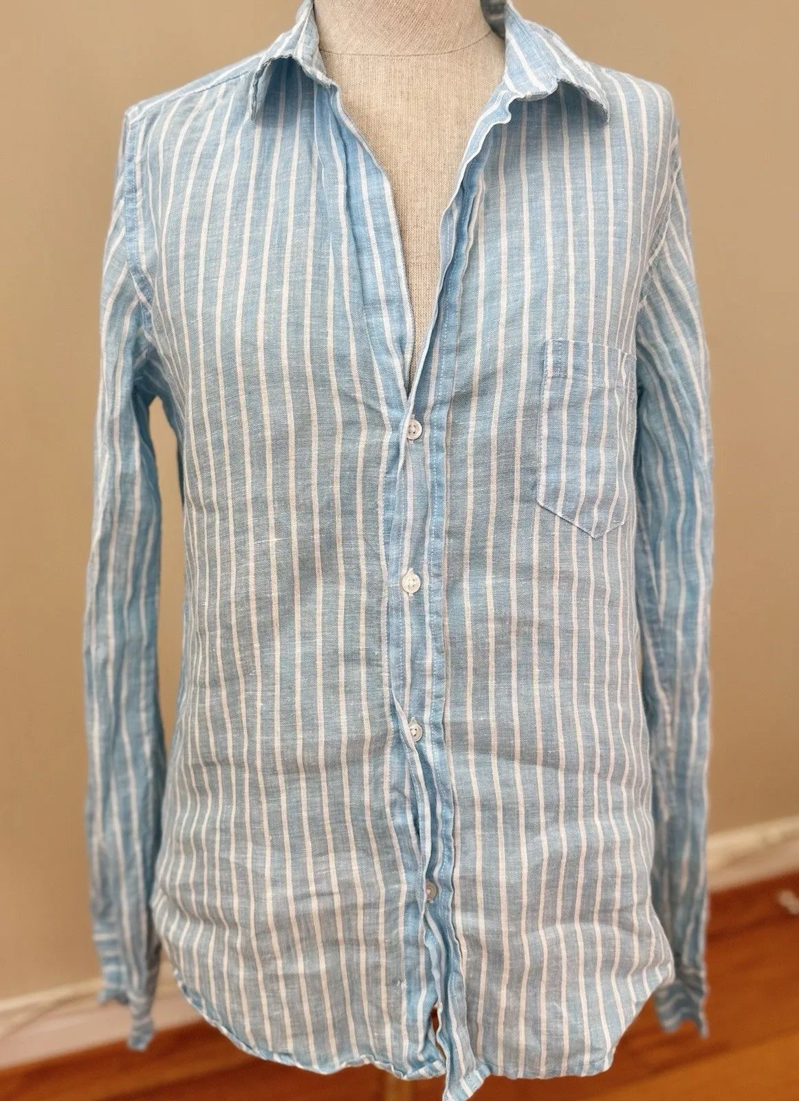 Frank & Eileen Barry Tailored Button Striped Shirt S READ Preppy Coastal Linen - Image 1