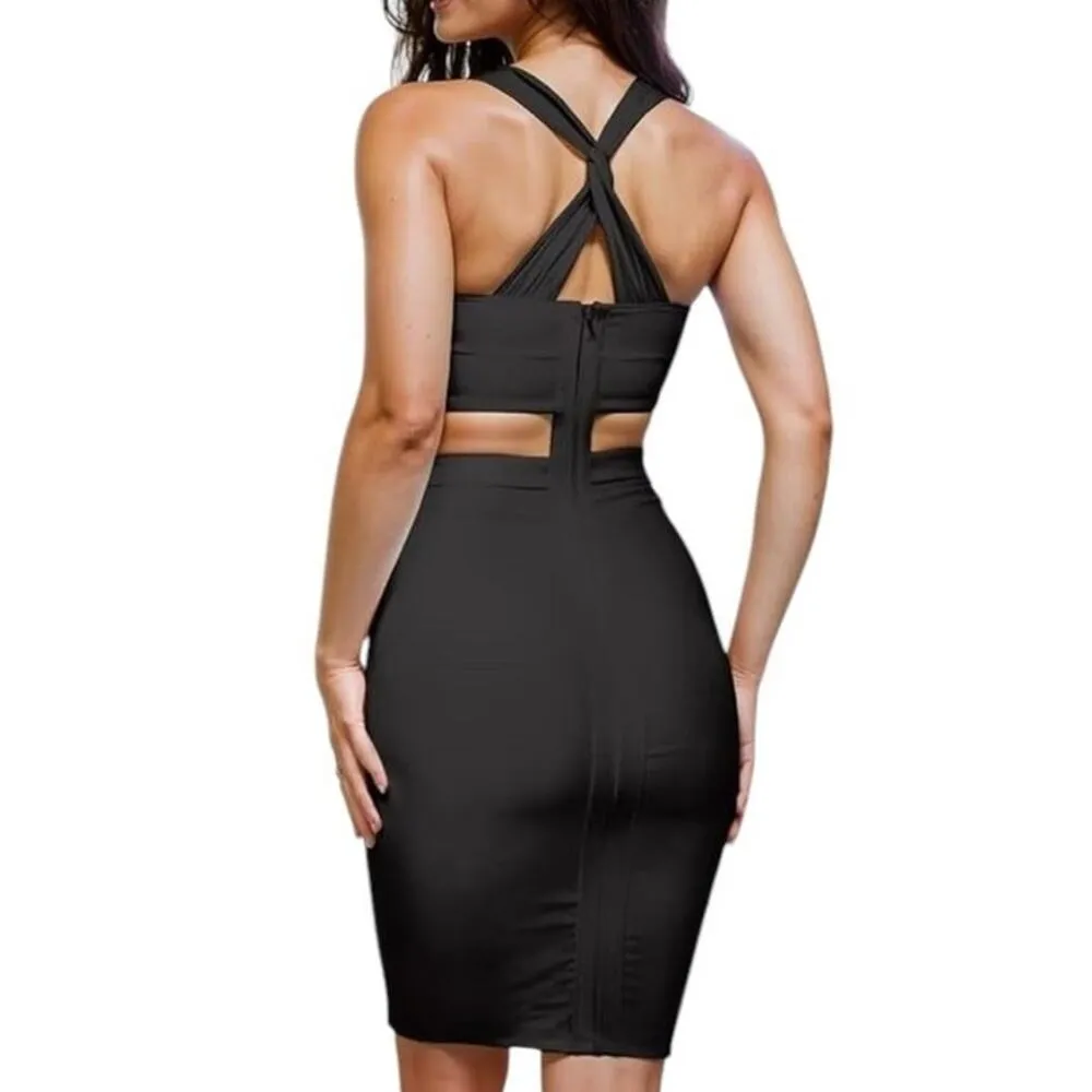 NWT ~ Black Criss Cross Bandage Hollow Out Sexy Bodycon Sleeveless Dress ~ XL - Image 2