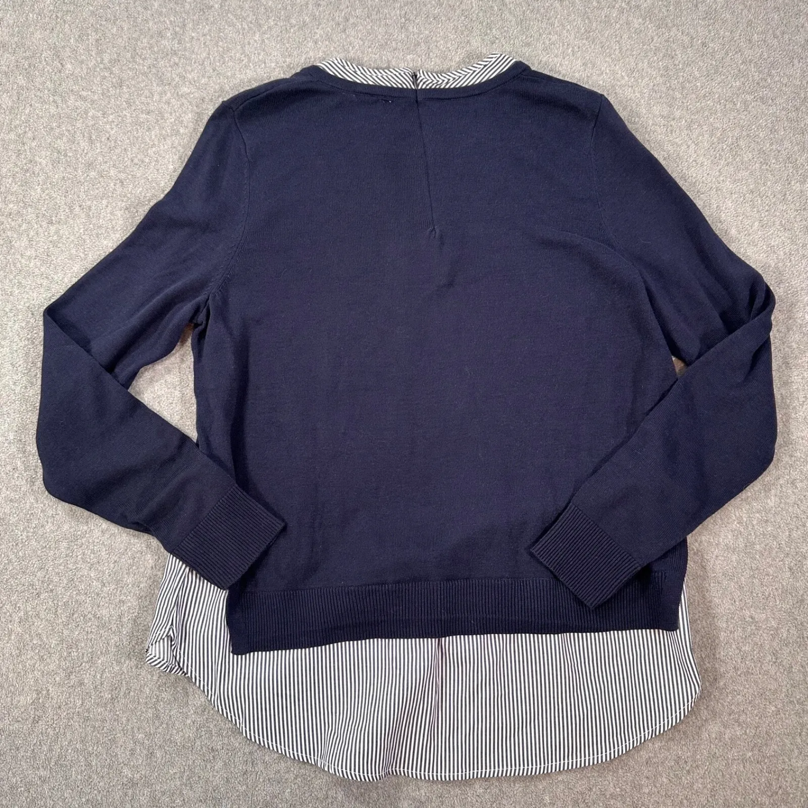 Crown & Ivy Layered Sweater Floral Embroidered Women's Large Navy Blue Stripe - Image 9