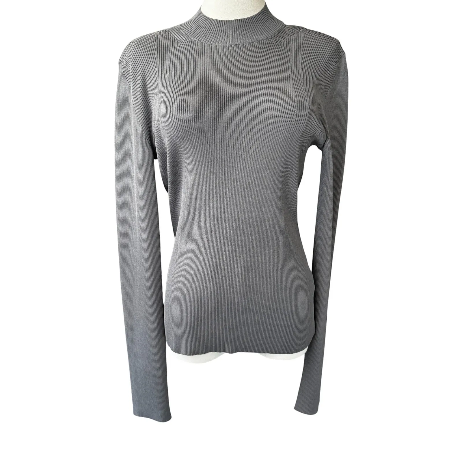 Helmut Lang Ring Cutout Mockneck Ribbed Knit Sweater Steel Gray Size Large - Image 4