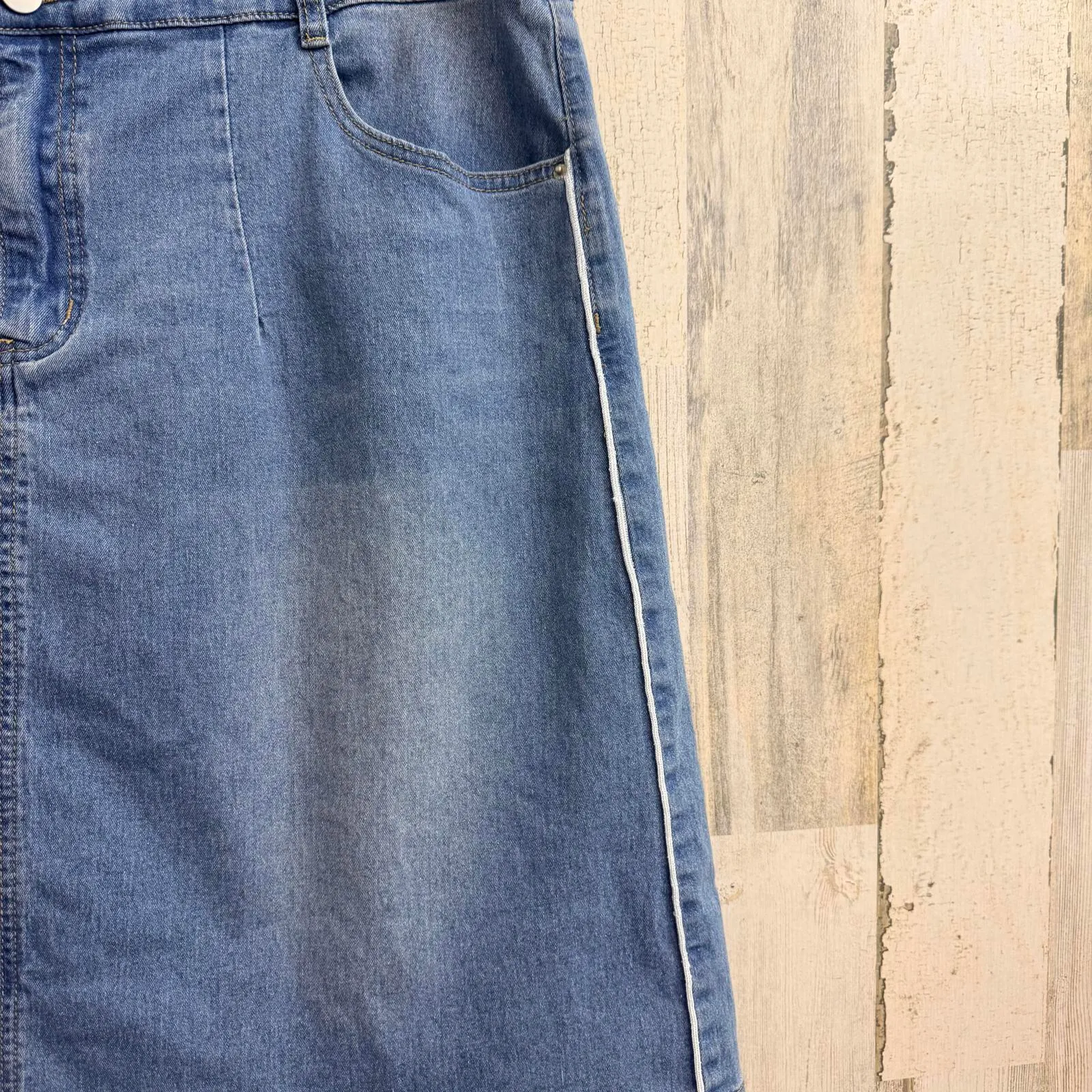 Womens 4XL Curve High Rise Denim Skirt Elastic Waist Back Slit Pockets Blue Jean Size 4X - Image 5