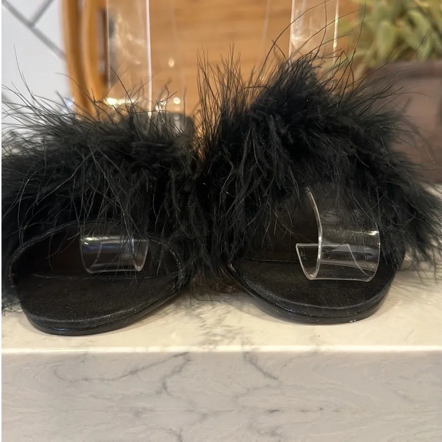 Fredrick’s of Hollywood 1980s Satin Peep Toe Pumps with Ostrich Feathers size 7 - Image 5