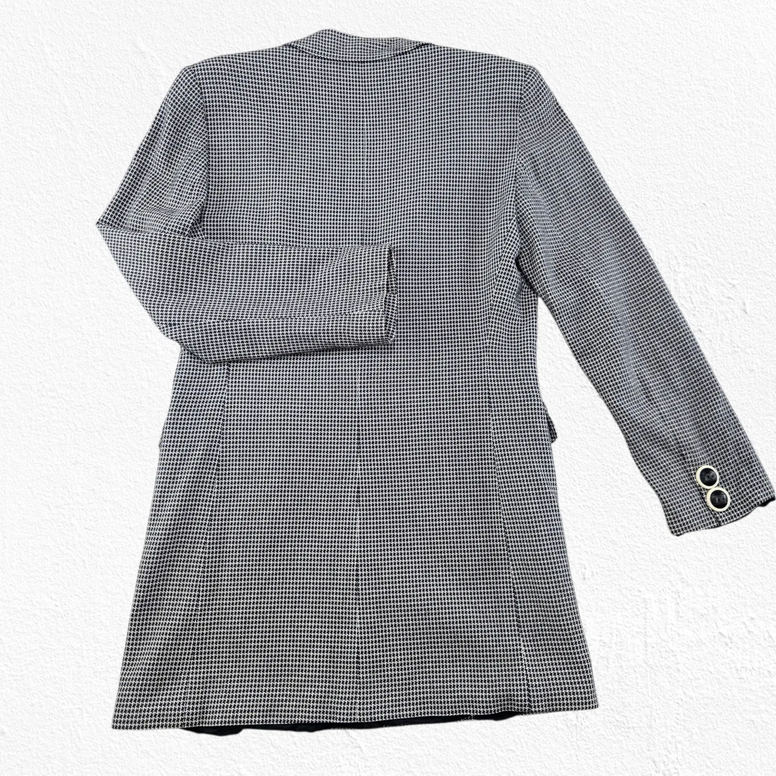 Vintage 90s Mariella Burani Houndstooth Longline Blazer Jacket Italy Made Size 4 Black - Image 11