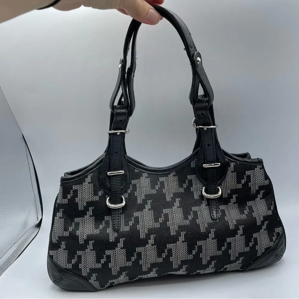 DKNY Black & White Printed Leather Trim Shoulder Handbag Purse Y2K Baguette - Image 4