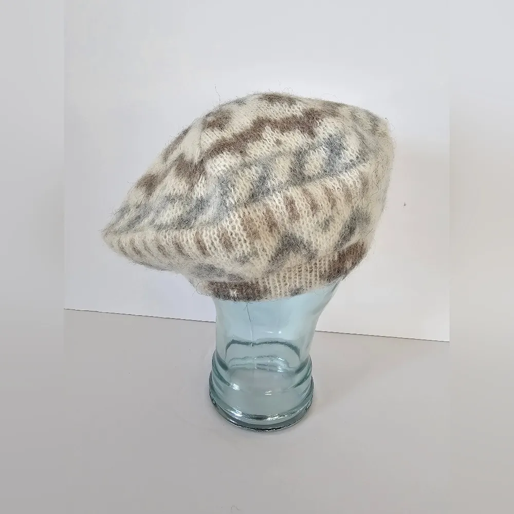 Vintage Fair Isle Nordic Wool Beret Hat Cream Gray Taupe Brown - Image 6