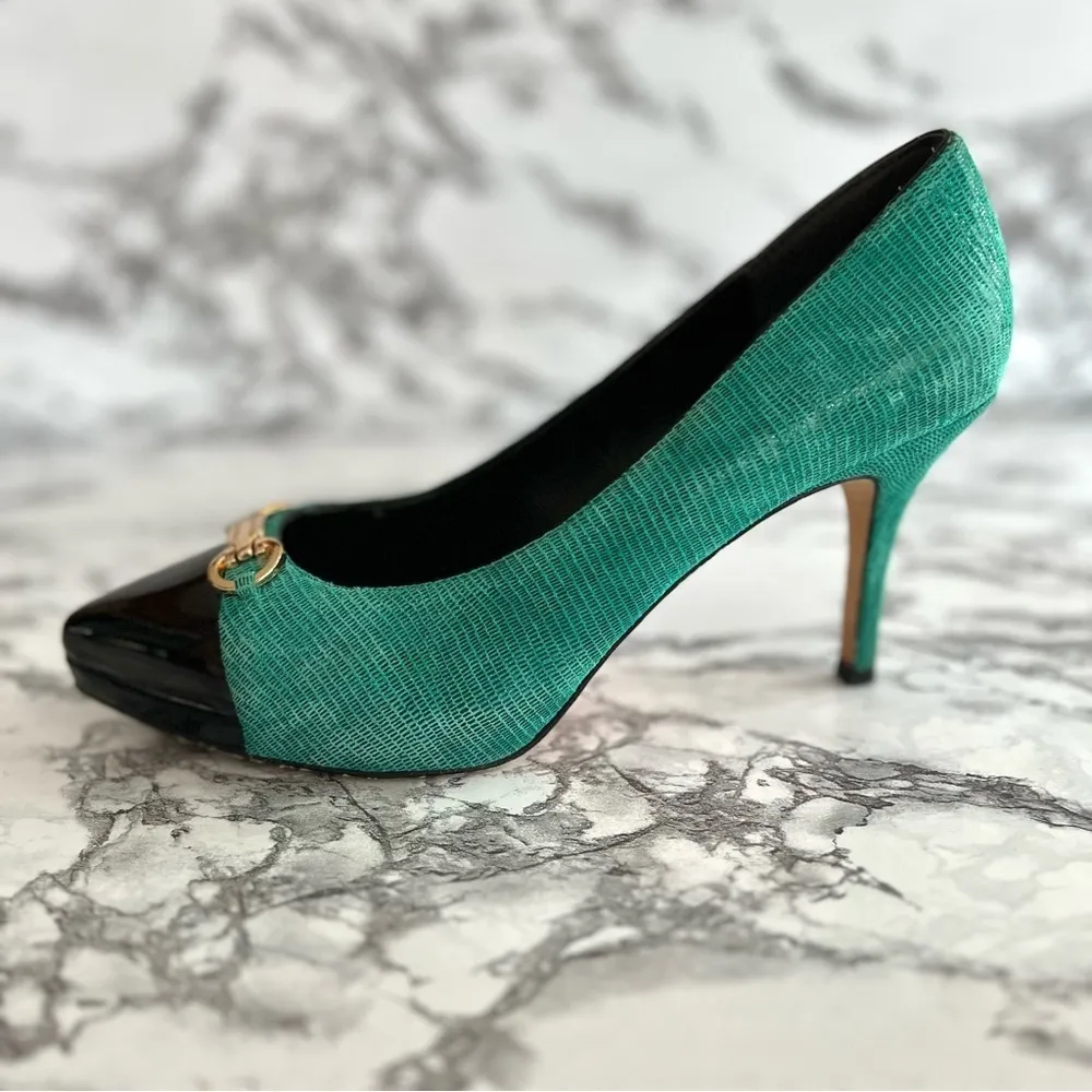 WHBM Samantha Pumps Green Colorblock Patent Leather Embossed Heels 8.5 - Image 9