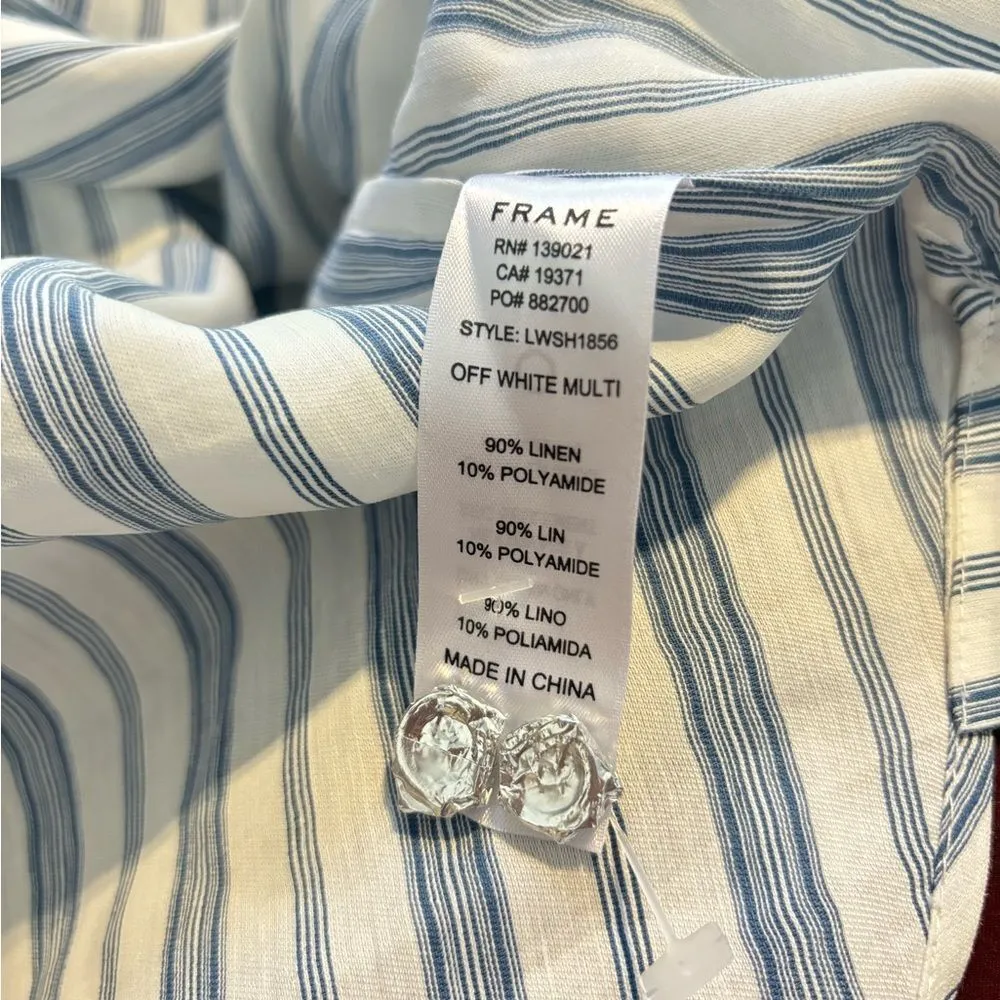 Frame Stripe Clean Collar Linen Blend Shirt In Off White Multi - Image 9