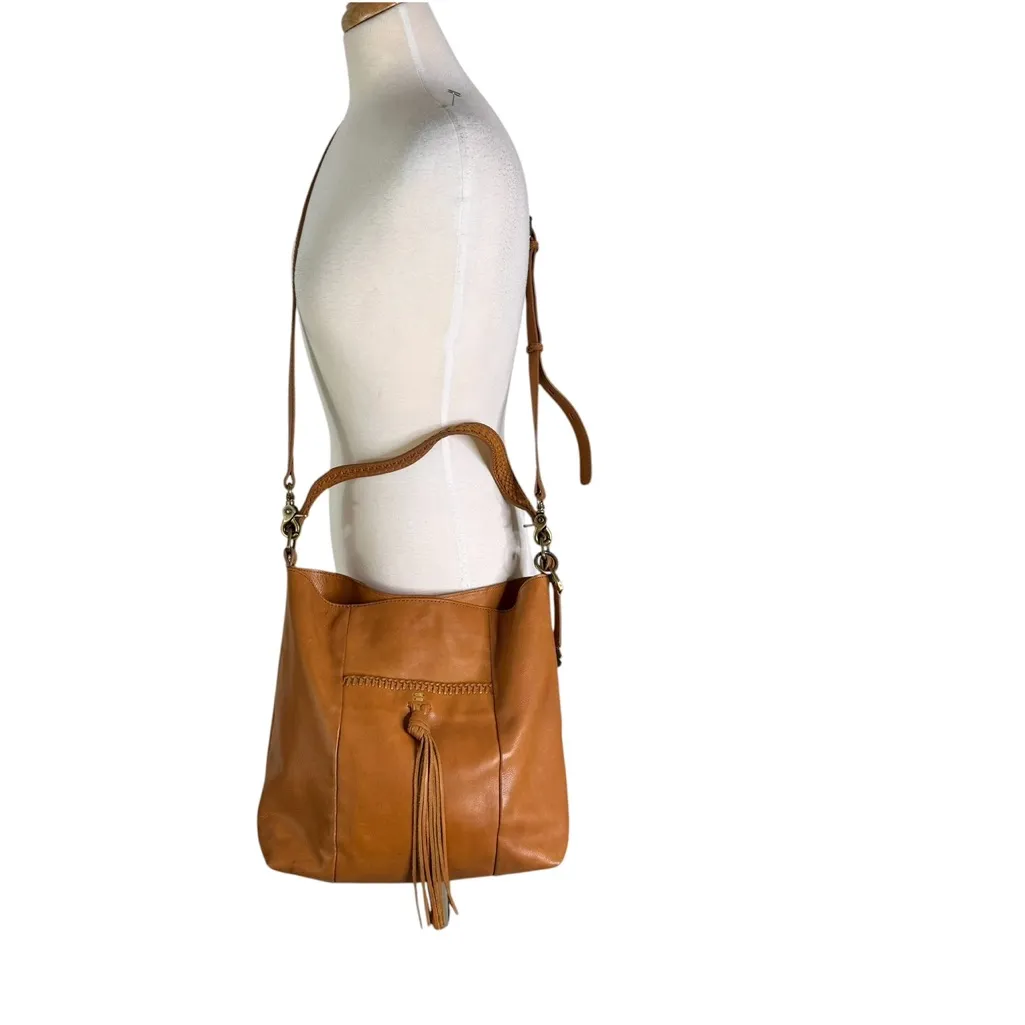 Lucky Leather Tote Shoulder Crossbody Bag with Tassel Cognac - Image 2