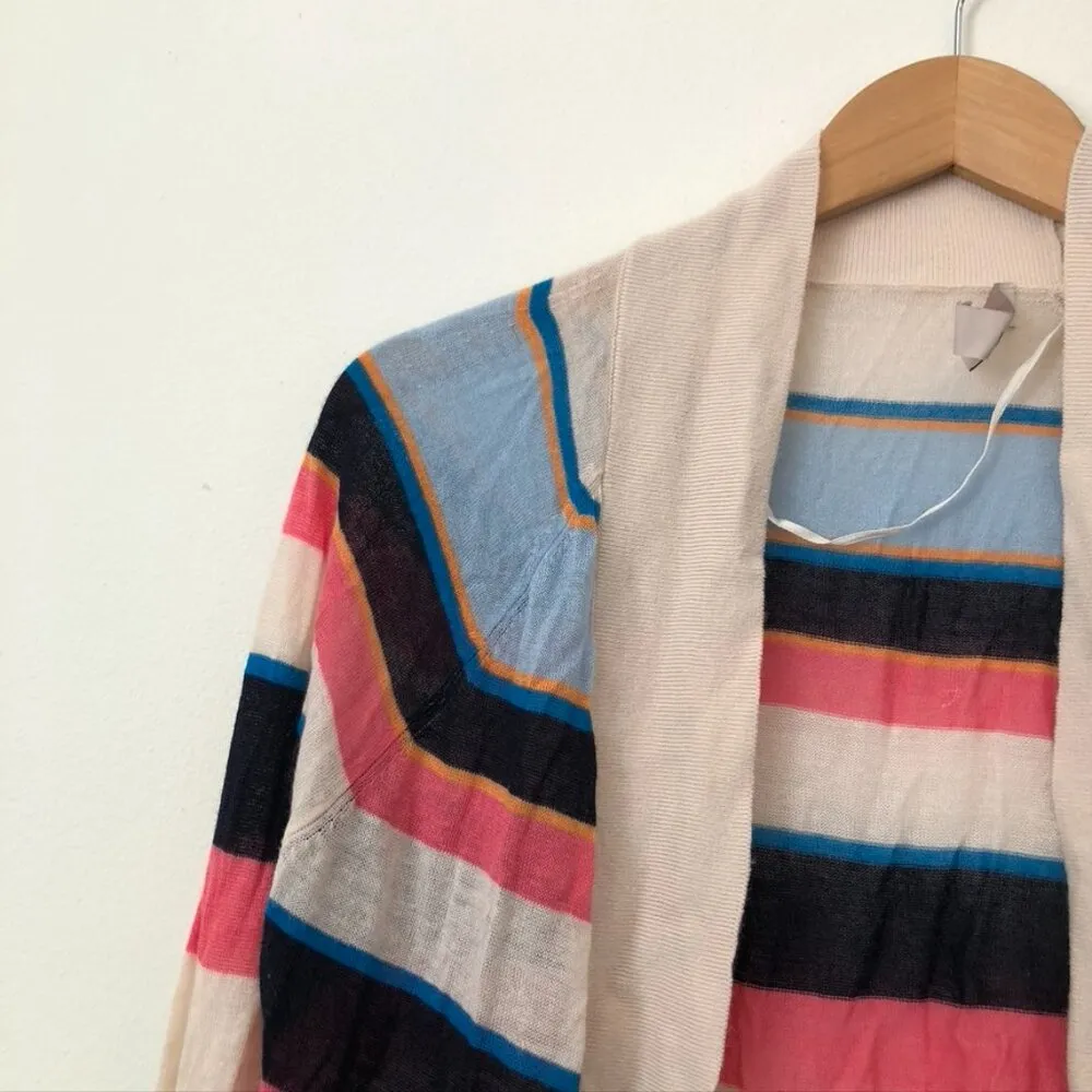 ANN TAYLOR LOFT Striped Sheer Open Cardigan Beige Navy Blue Pink Long Sweater XS - Image 4