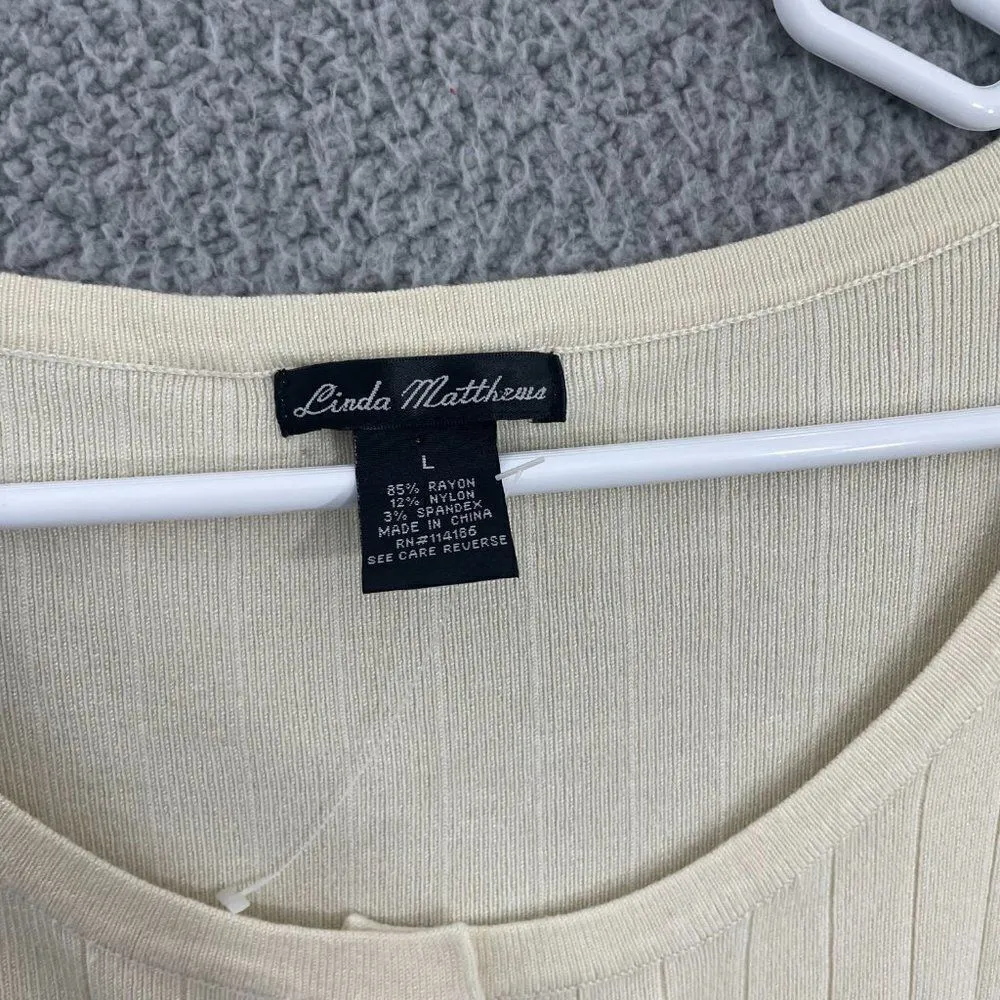 Linda Matthews Women L Cream Ribbed Belted Scoop Neck‎ Sweater NWOT Size L - Image 4