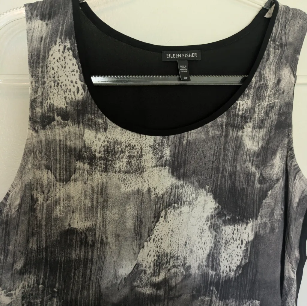 Eileen Fisher Silk Tank Top Abstract Print Grey Black Small - Image 3