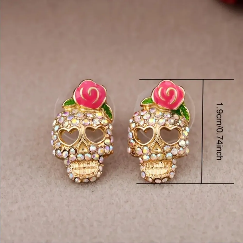 Aurora Borealis Crystal Skull Stud Earrings Red Rose Day of the Dead NWT Pink - Image 3