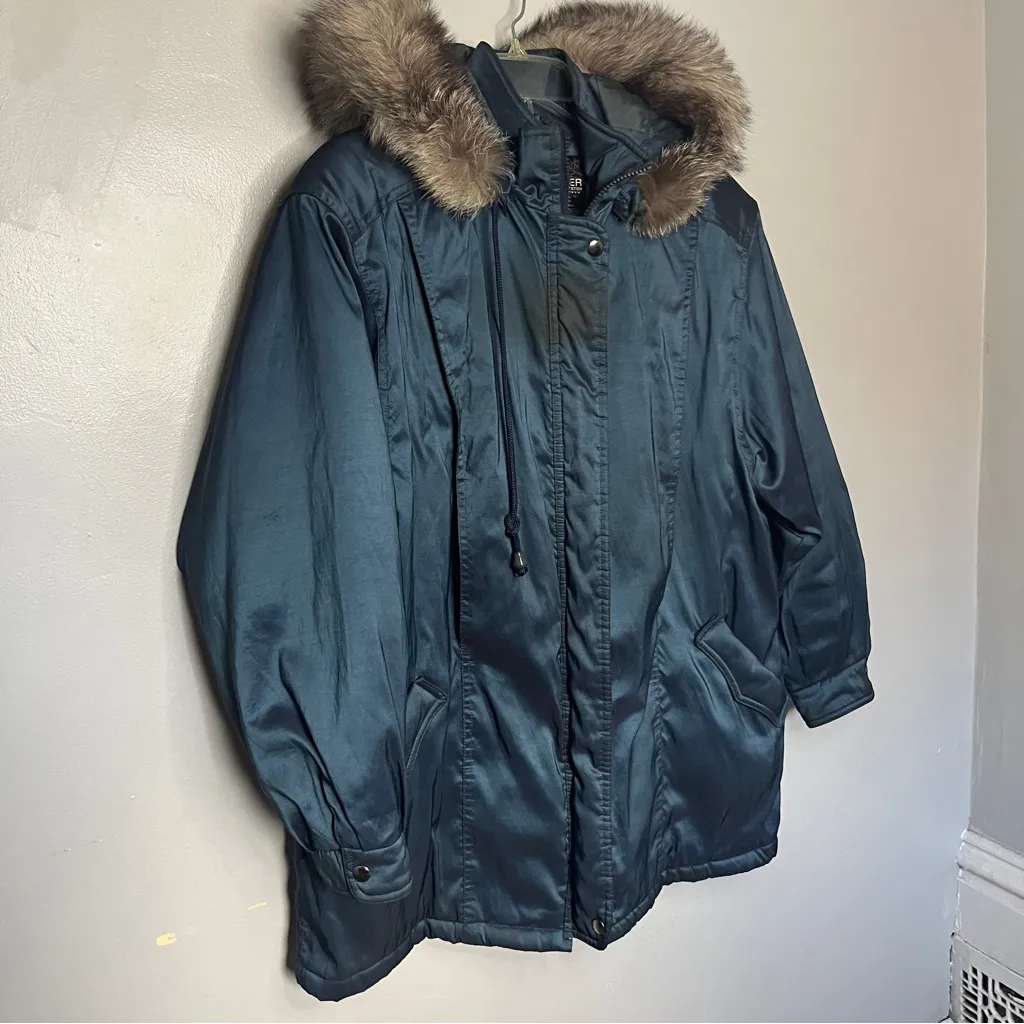 Women's Teal Hooded Jacket with Faux Fur Trim Blue Size M - Image 2