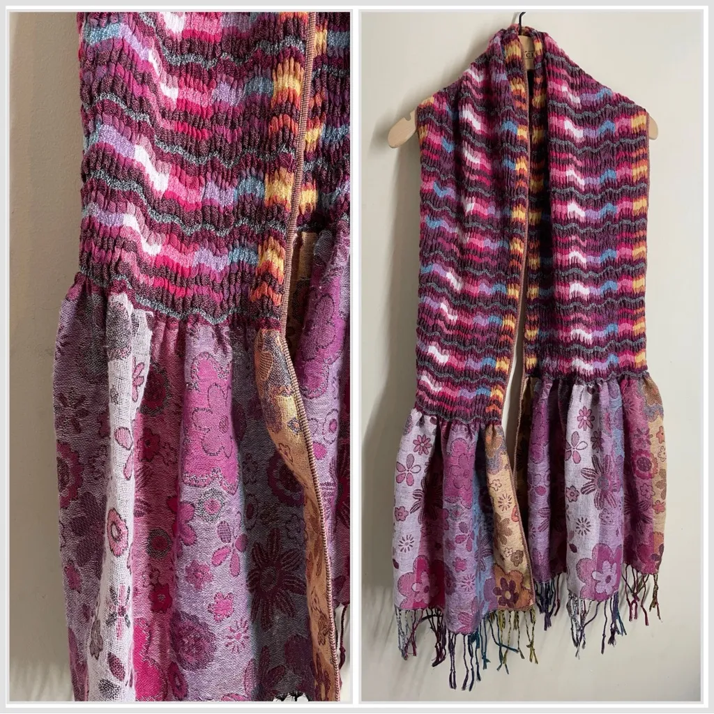 Boho Knit Jacquard Floral Ruffle Scarf Mixed Pattern Fringe Pink Multicolor - Image 3