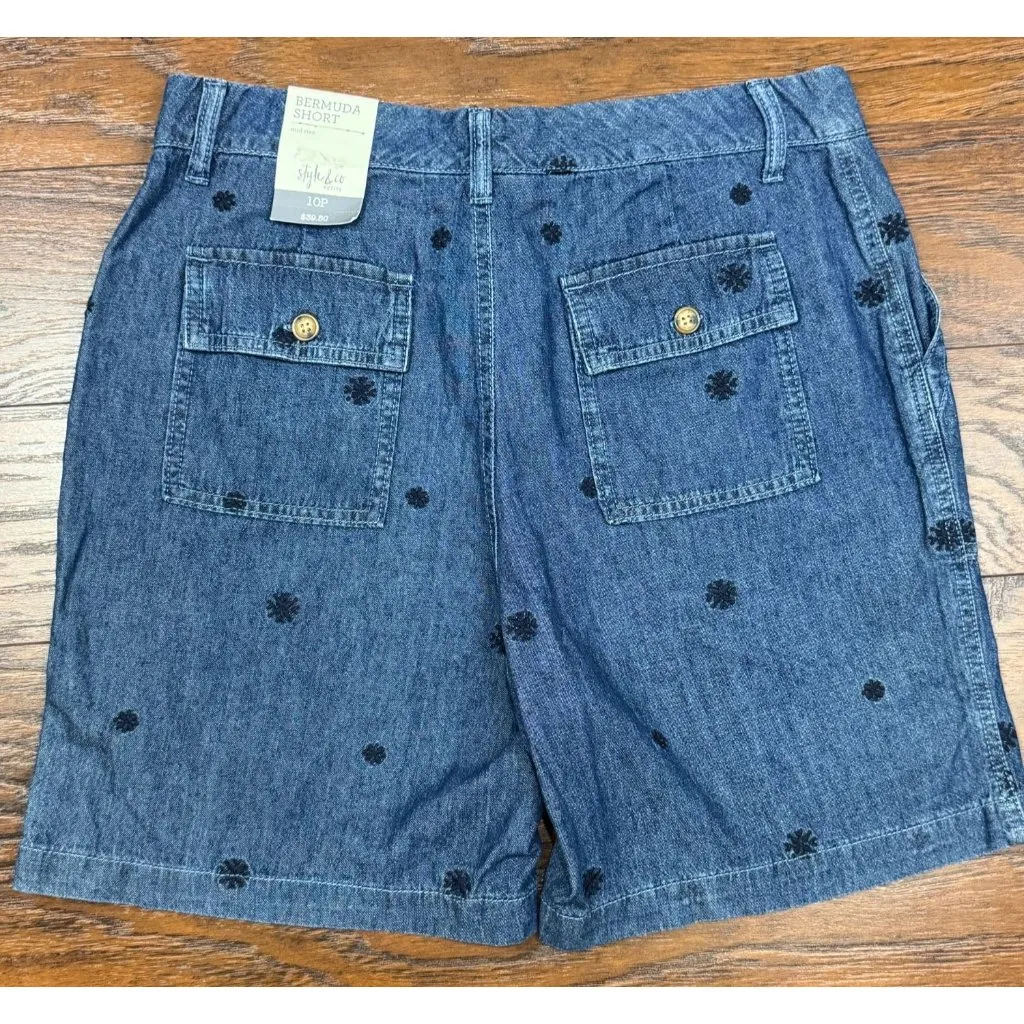 NEW Style & Co Womens 10P Blue Denim Bermuda Shorts Black Embroidered Floral - Image 3