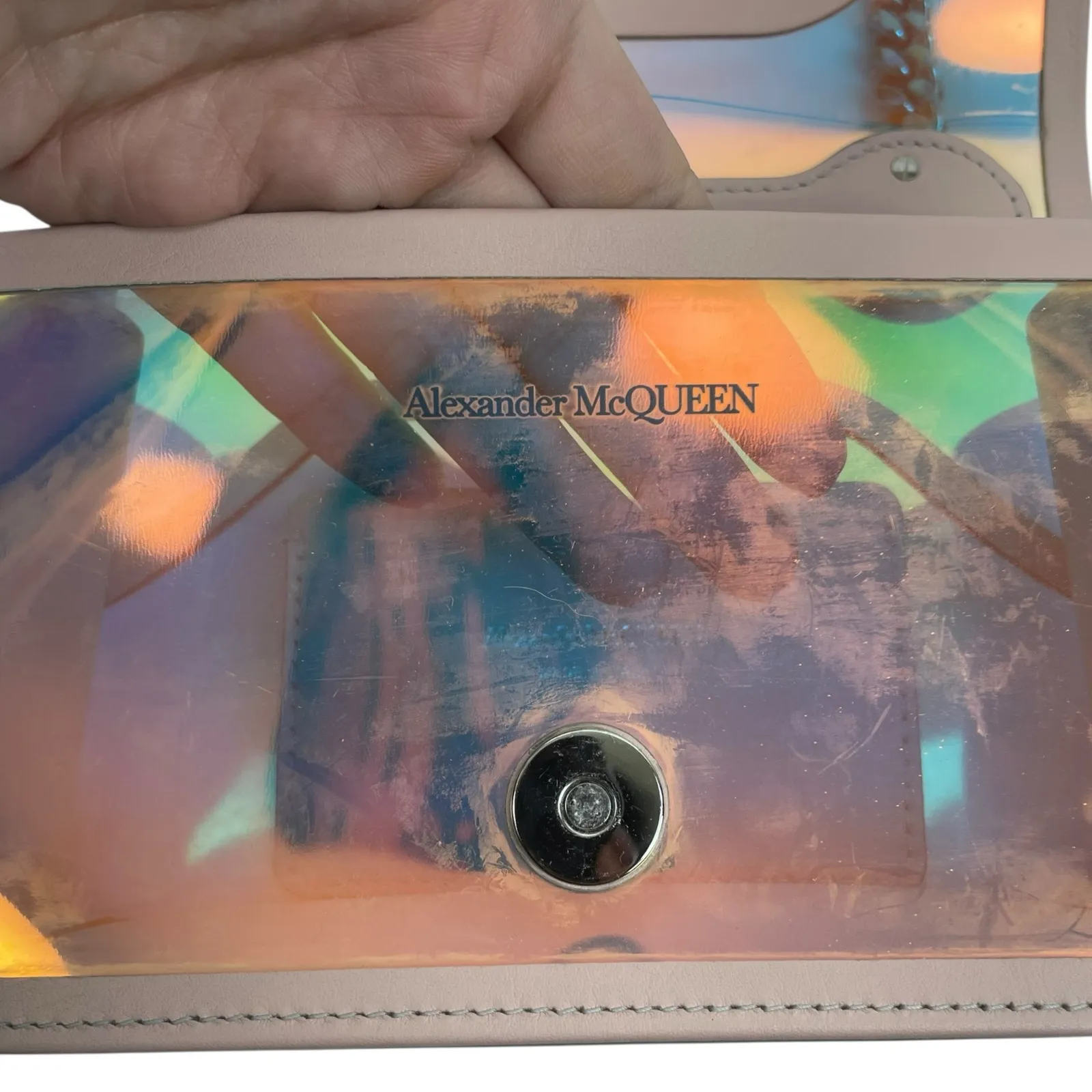 Alexander McQueen Mini Jewelled Crossbody Bag Holographic Pink PVC Leather - Image 13