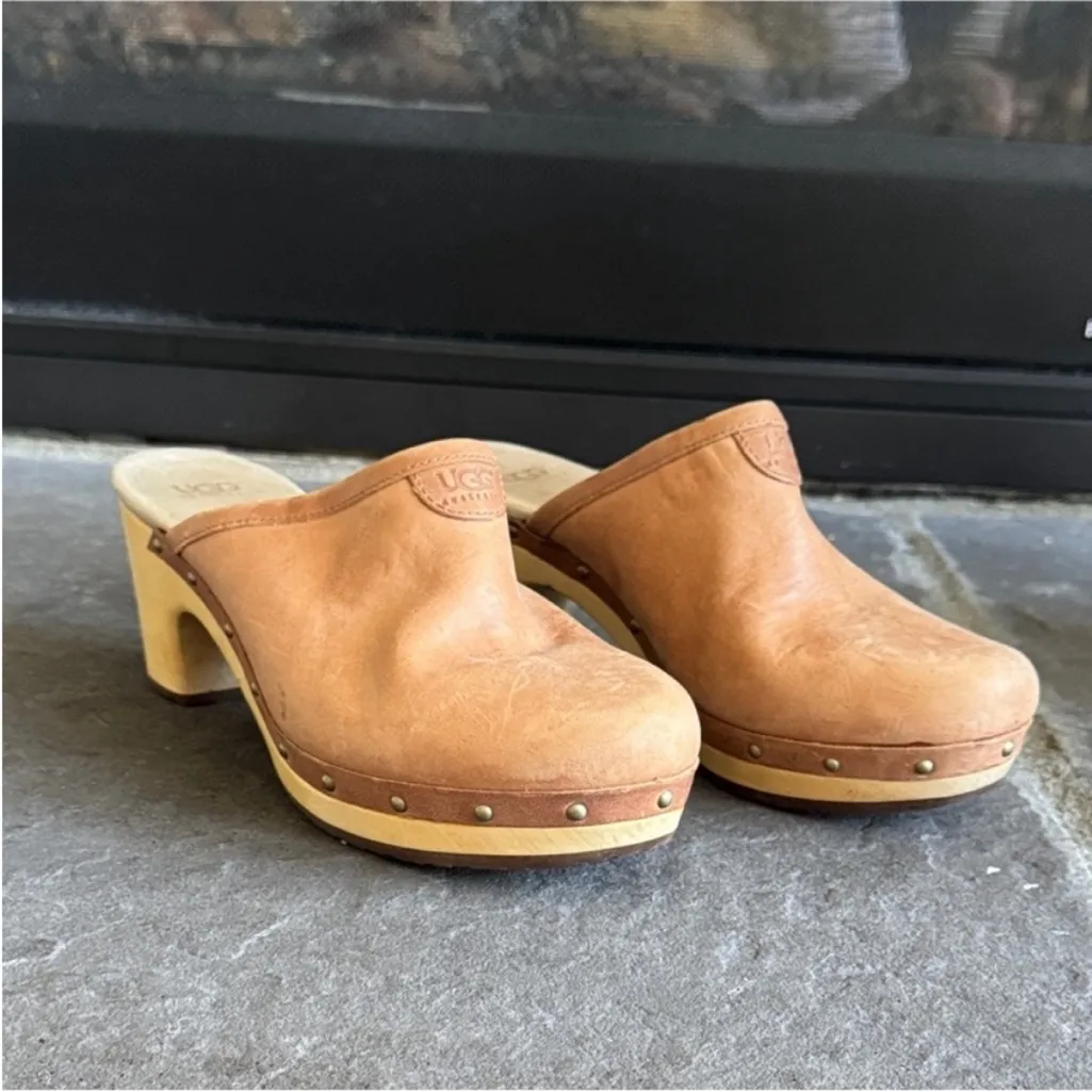 UGG Brown Leather Mules with Wooden Sole - Image 9