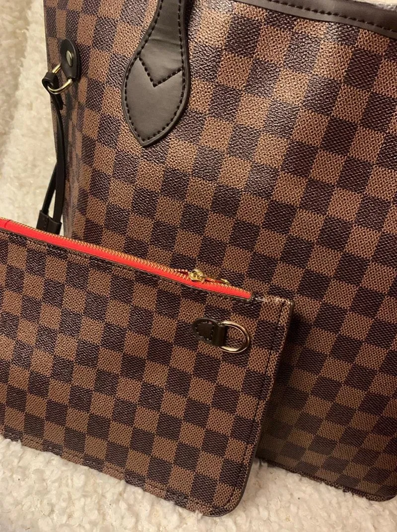 Luxury Checkered Brown Tote Bag - Image 3