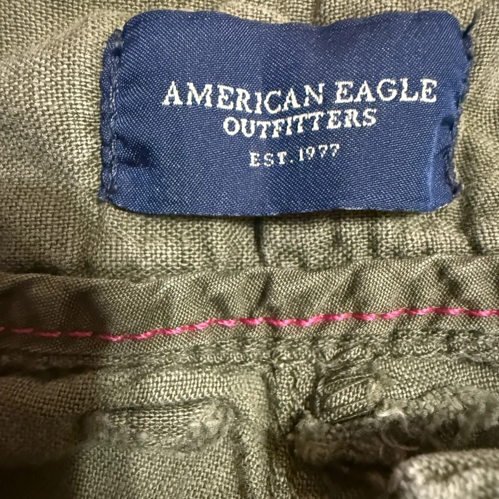 American Eagle Linen Cotton Cargo Pants Sz 8 Olive Green Relaxed Fit Y2K - Image 4