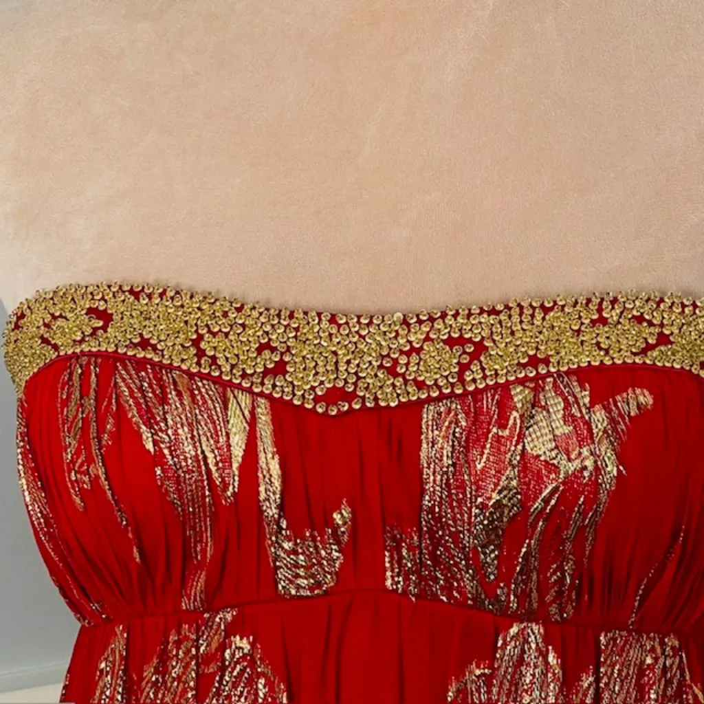 Aidan Mattox Beaded Silk Strapless Ball Gown Red & Gold Prom Party 4 - Image 4