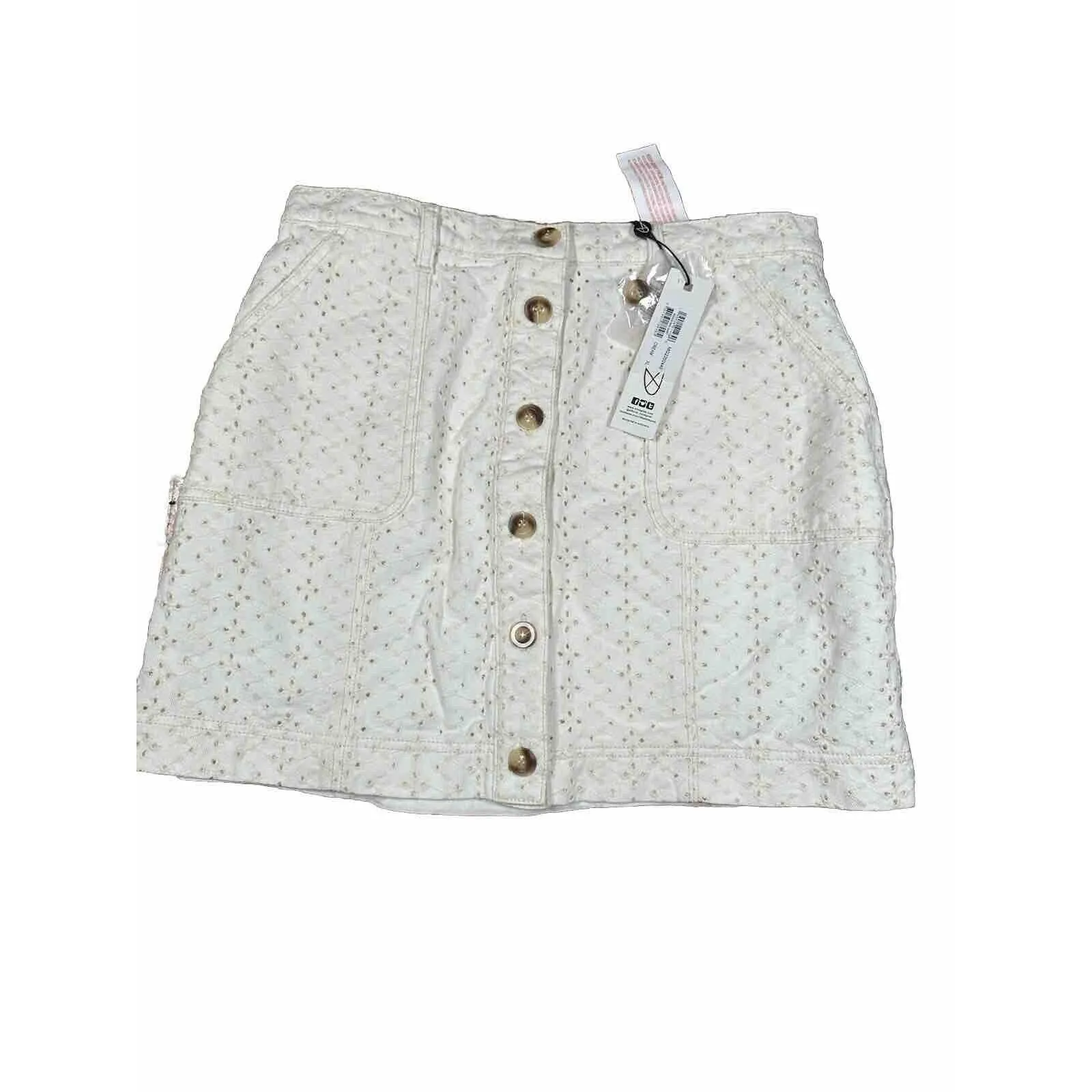 Anthropologie MinkPink Saskia Eyelet Cotton Mini‎ Skirt Size XL Cream - Image 5