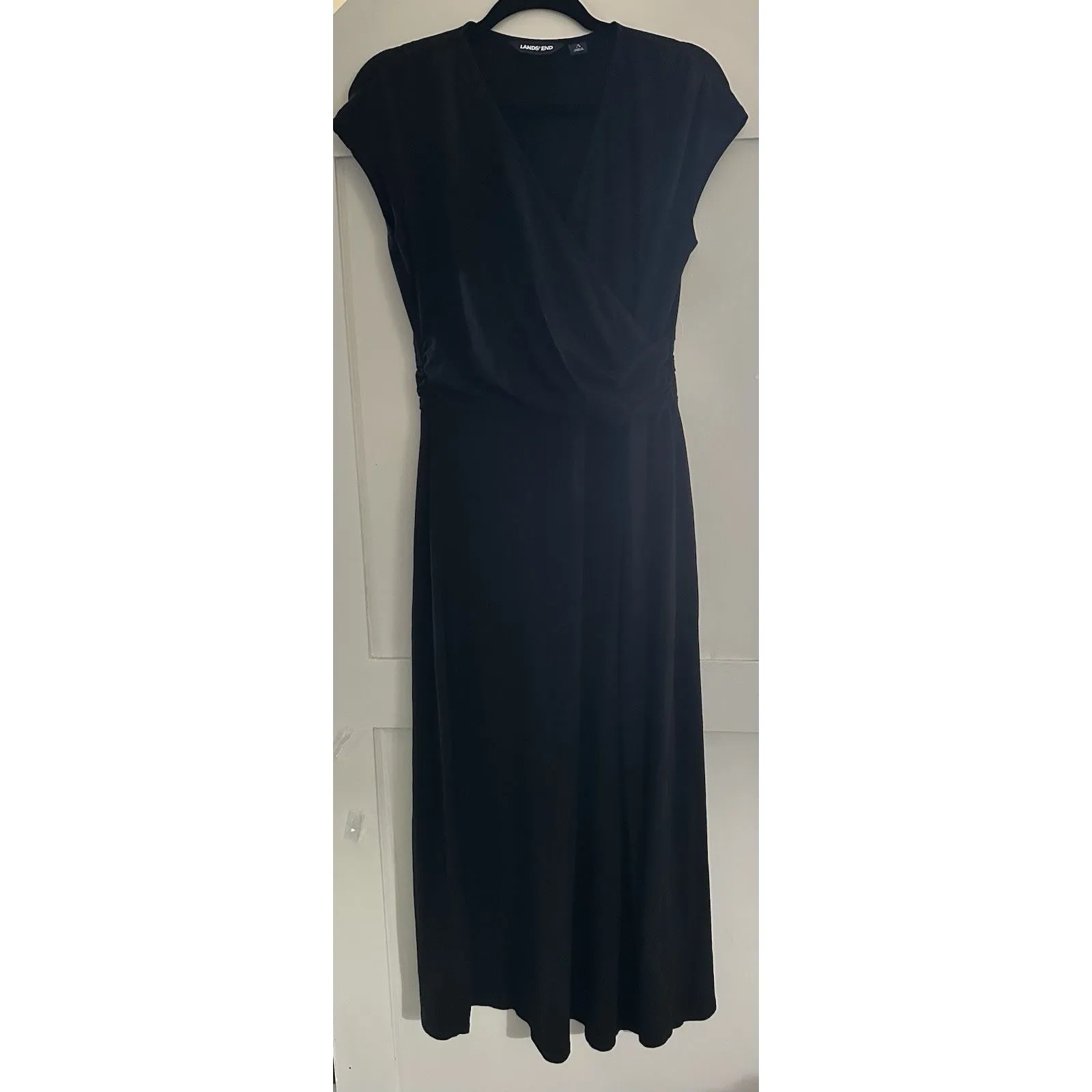 Woman’s Lands' End Black JerseyFaux Wrap Flattering Ruched Waist Maxi Dress Sz S - Image 2