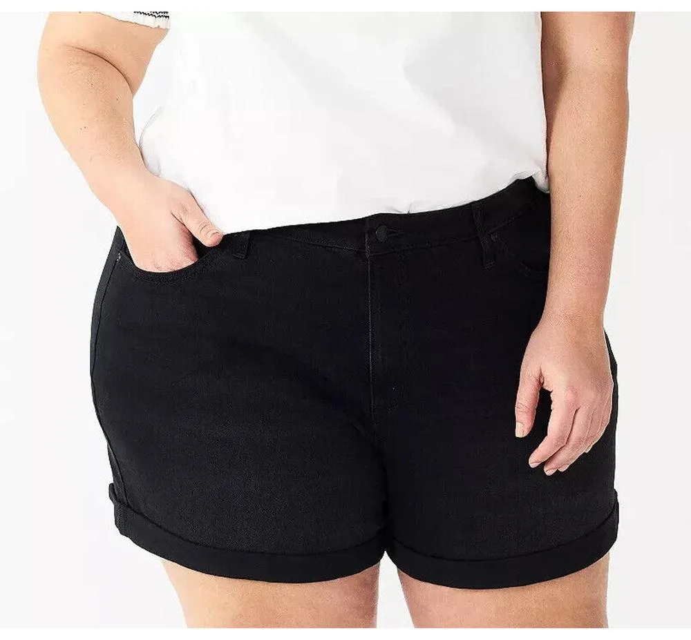 Womens Sonoma Relaxed Rolled-Cuff Denim Mom Shorts Plus Size 24W Black High Rise - Image 3
