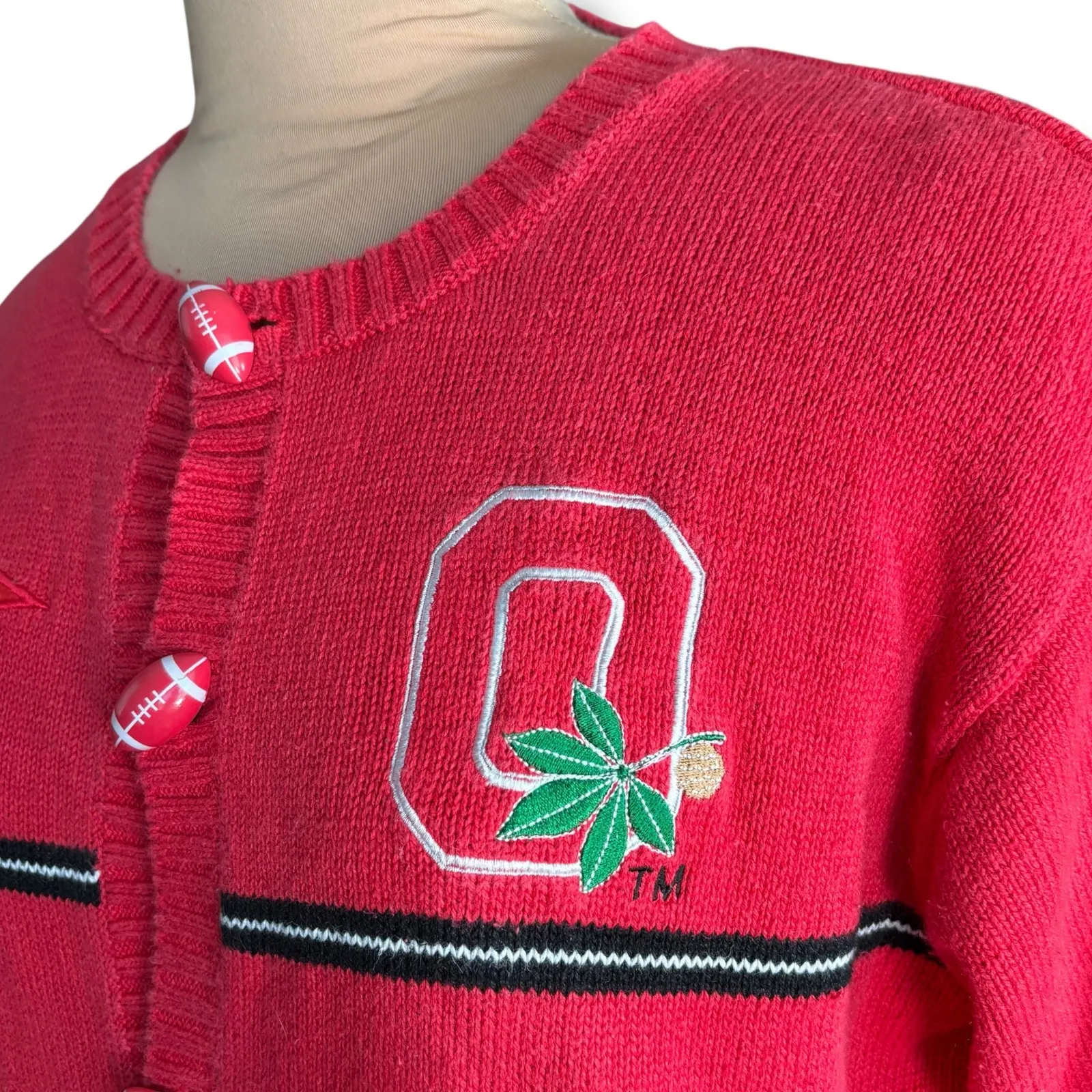 90s Ohio State Buckeyes Collegiate Football Button Knit Cardigan Sweater Medium Red - Image 7