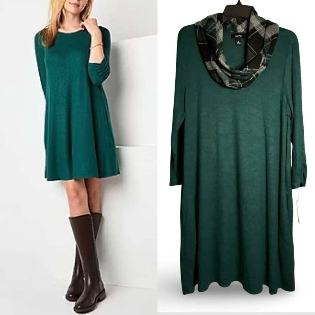 Alyx Knit Shift Dress Womens L Forest Green 3/4 Sleeves Pockets Removable Scarf Size L - Image 2