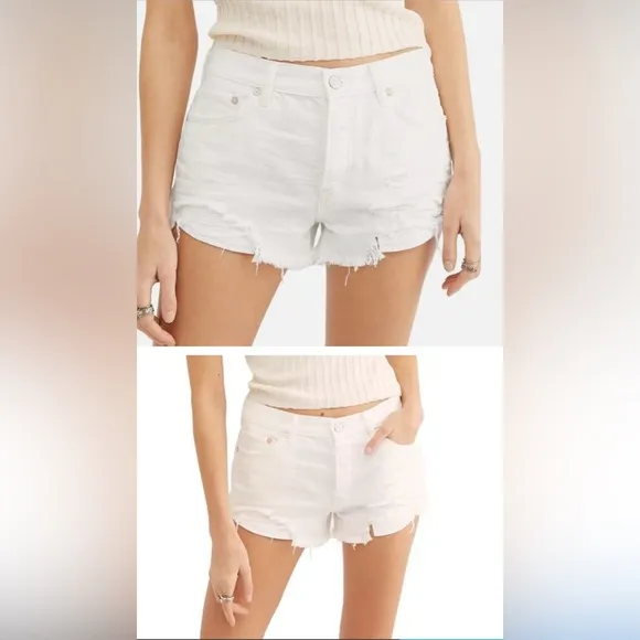 Free People We The Free Loving Good Vibrations Distressed Denim Shorts White - Image 2