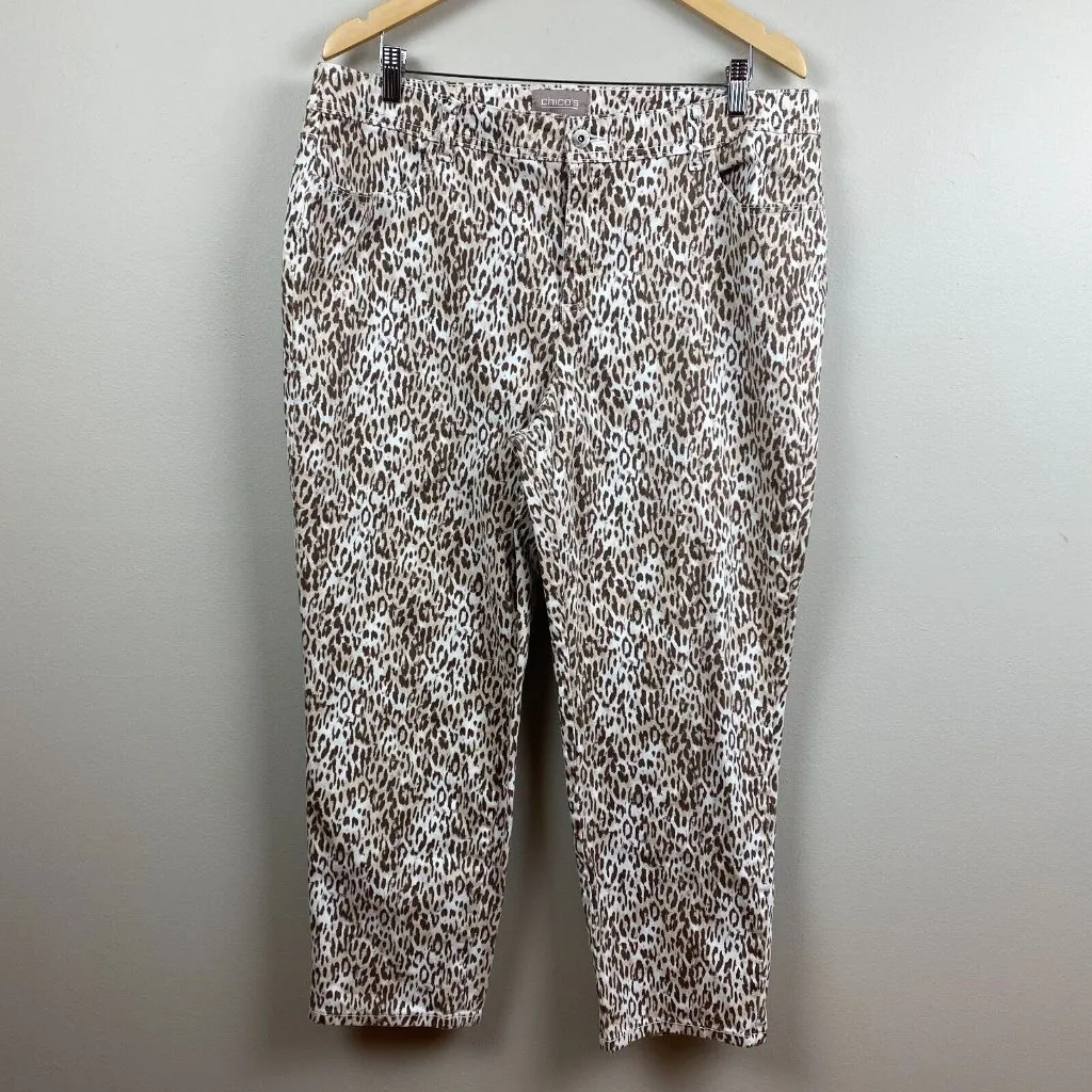 Chicos Jeans 3‎ Leopard Print Brown White Tapered Ankle Stretch Denim XL 16 - Image 11