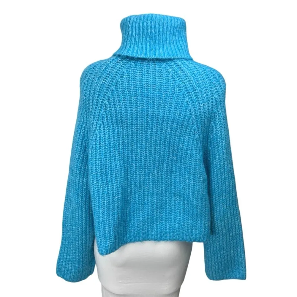 Zara Women's Blue Ribbed Knit Long Sleeve Turtleneck Foldover Sweater Top Size S - Image 2
