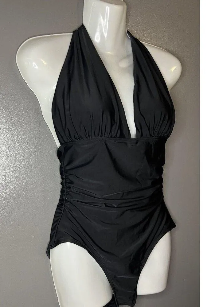 Old Navy Women’s Small Deep V-Neck Tie Back Black Halter One-Piece Swimsuit - Image 2