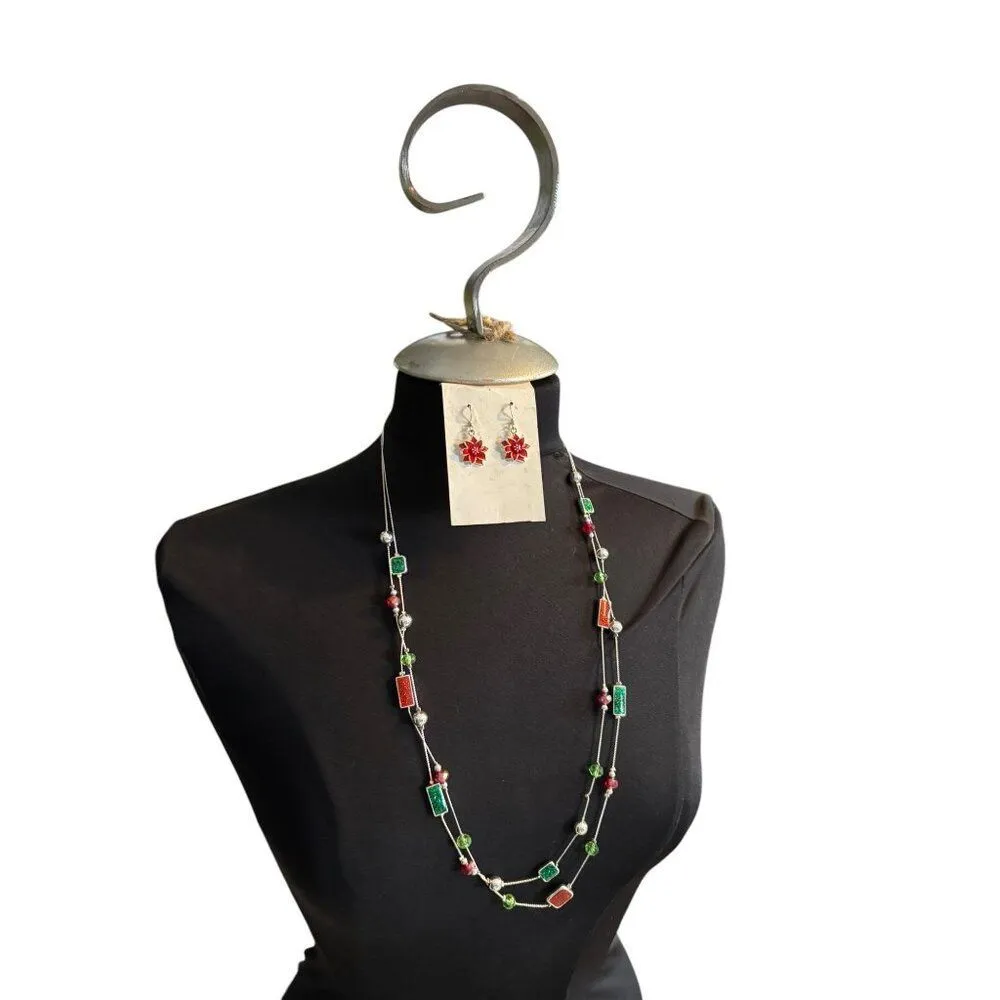 Festive Multicolor Beaded Necklace & Snowflake Earrings Set Red - Image 4