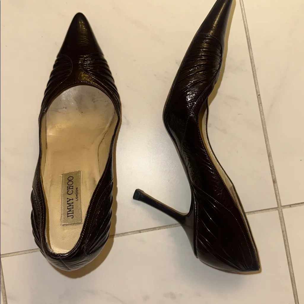 Jimmy Choo brown raisin Merlot shirred patent heels size 40 9.5 EUC hot! $750 - Image 13