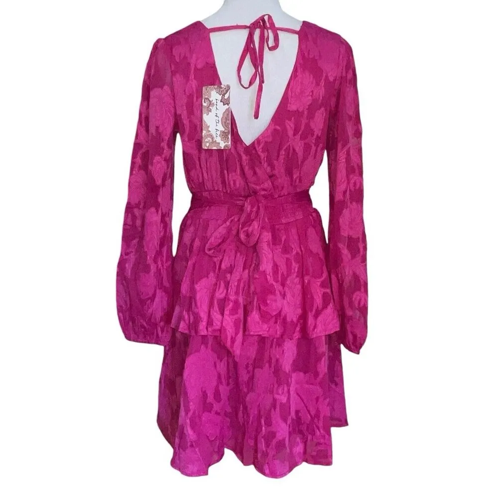 Band of The Free Kiss Me Fuschia‎ Peplum Ruffle Tie Mini Dress NWT Size Small Pink - Image 5