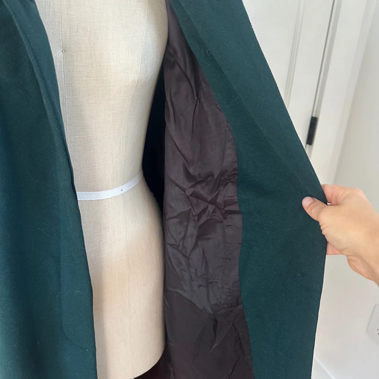 ALORNA Vintage Women's Dark Green Velvet Trim Long Wool Blend Coat 90s Size M - Image 4