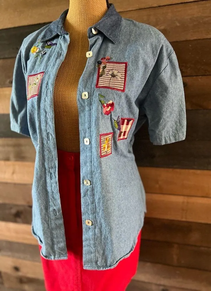 90s Vintage Teddi Blue Cotton Short Sleeves Patchwork Collared Button Up Shirt Size L - Image 4