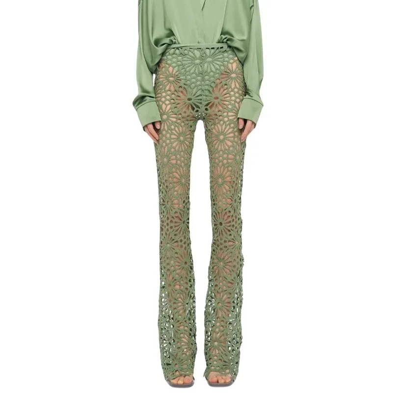 Norma Kamali Vintage Green Crochet Floral Knit Boot Pant Size Large - Image 2