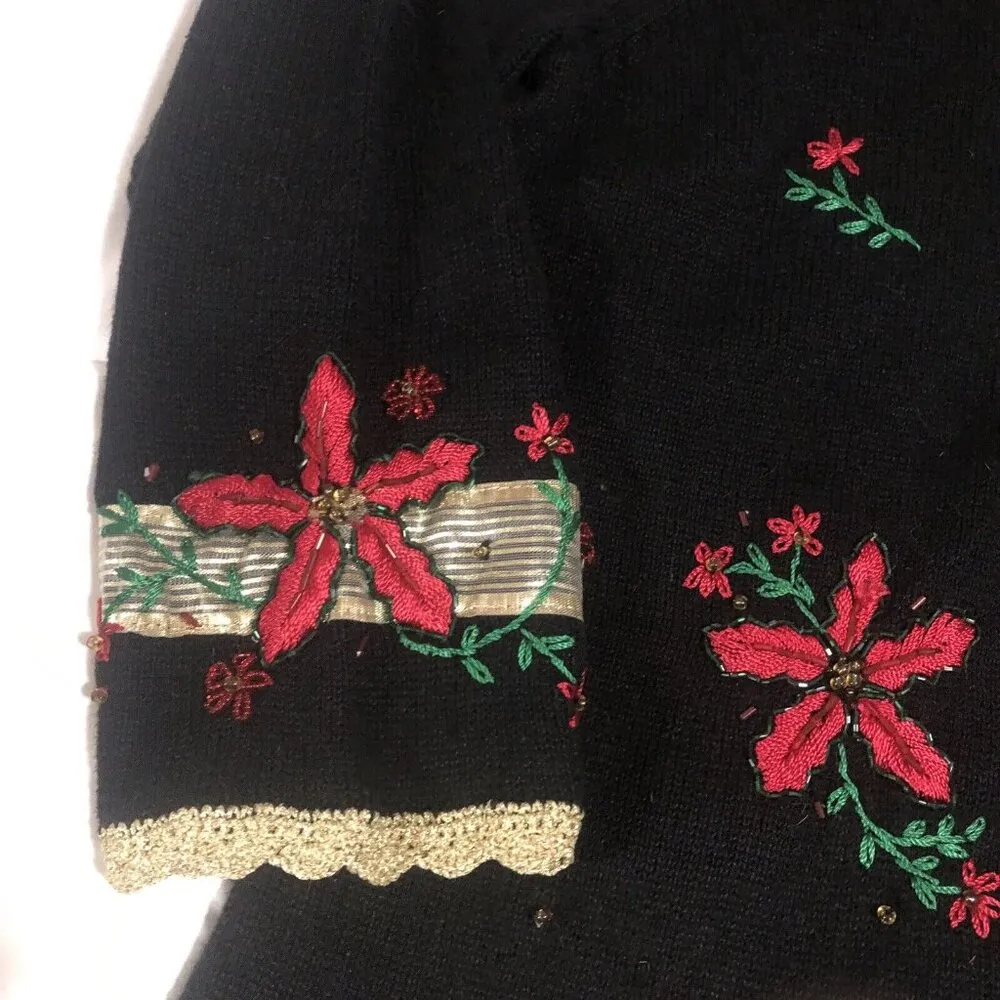 VTG Studio Joy Knit Christmas Sweater embroidery poinsettias XL Gold Trim Red - Image 4