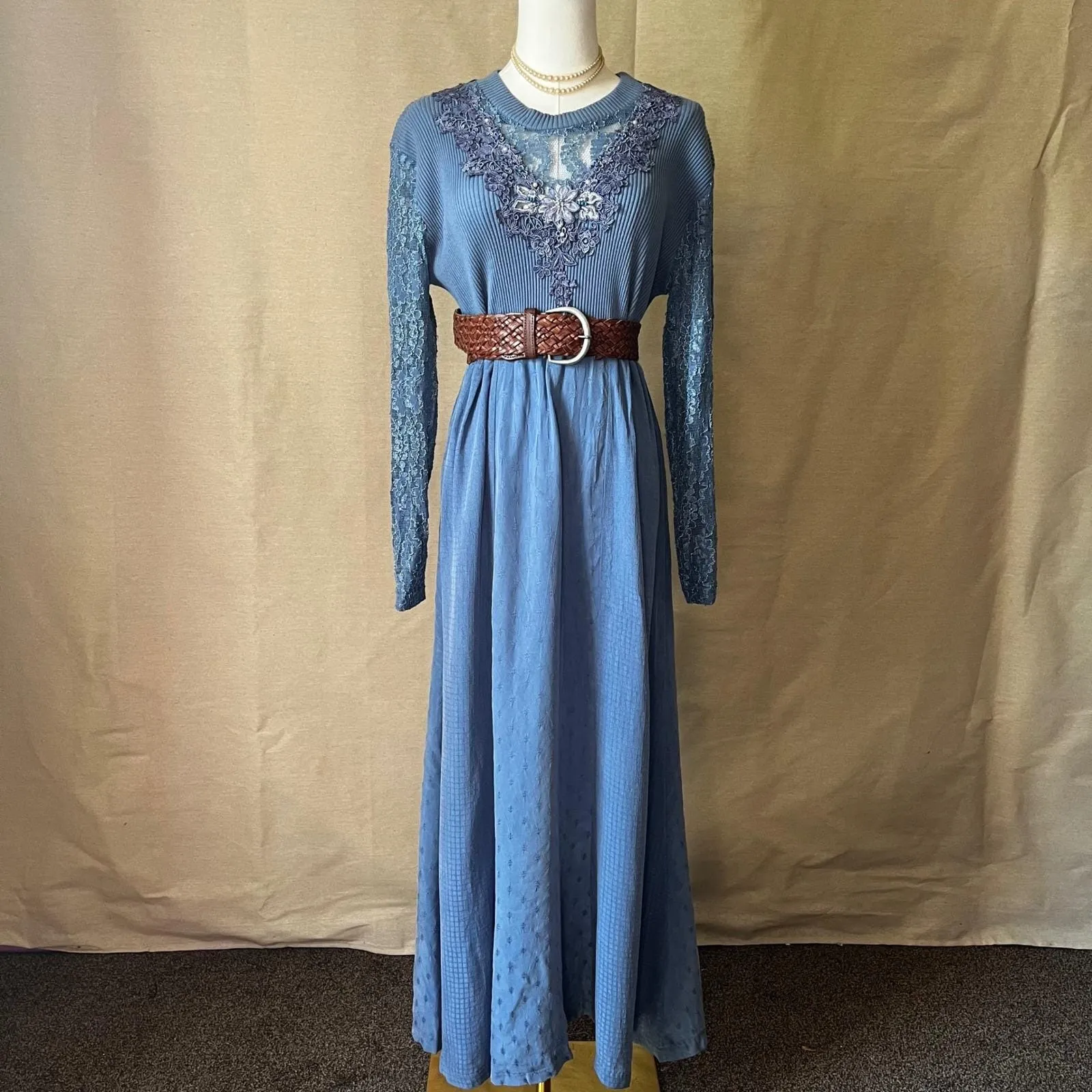 Vintage Blue‎ Lace Maxi Dress Boho Prairie Long Sleeve Made in USA Size S/M Blue Size M - Image 2